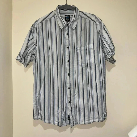 Men’s Kuhl Blue and White Striped Casual Work Office  Polo T-Shirt No Size Tag - Picture 1 of 16
